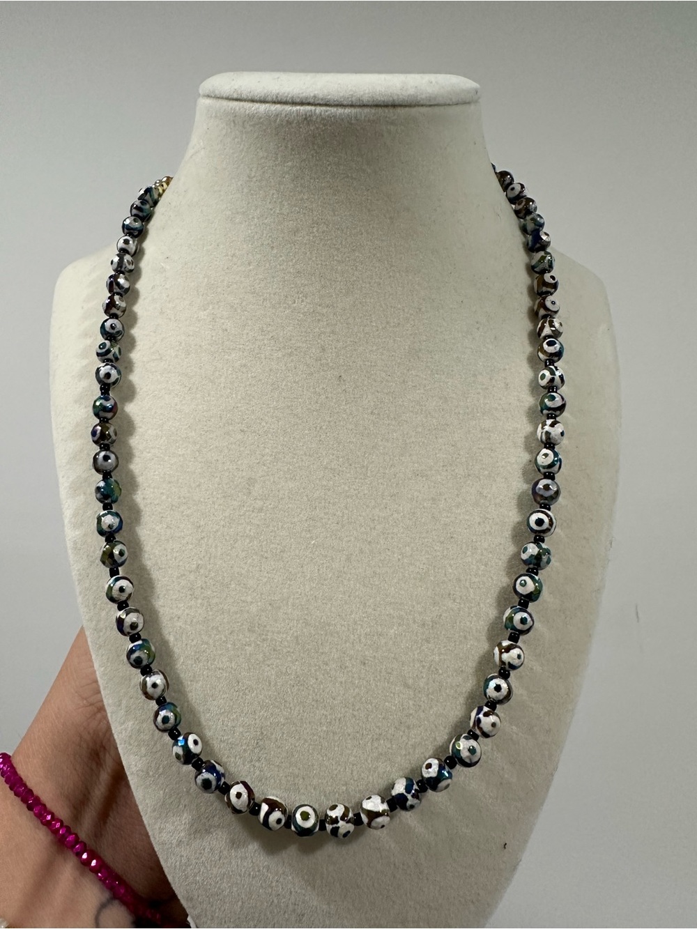 Evil Eye Bead Necklace Black and White - Boho African Gemstone Layering Jewelry